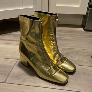 Dorateymur Gold Metallic Leather Front Zip Square Toe Ankle Boots Dress Booties